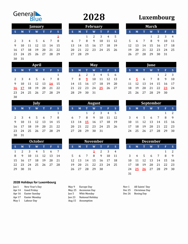 2028 Luxembourg Holiday Calendar