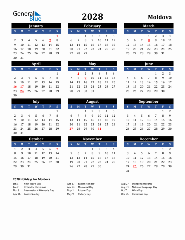 2028 Moldova Holiday Calendar