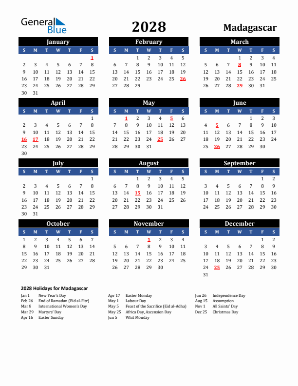 2028 Madagascar Holiday Calendar