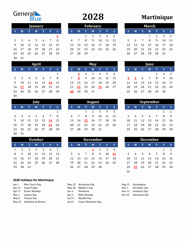 2028 Martinique Holiday Calendar