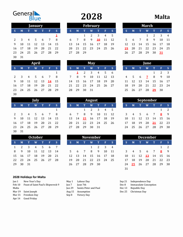 2028 Malta Holiday Calendar