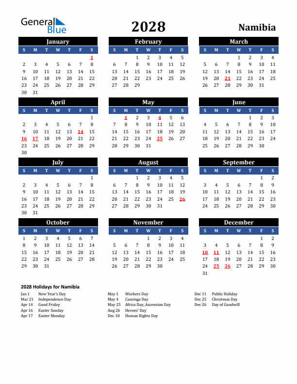 2028 Namibia Holiday Calendar