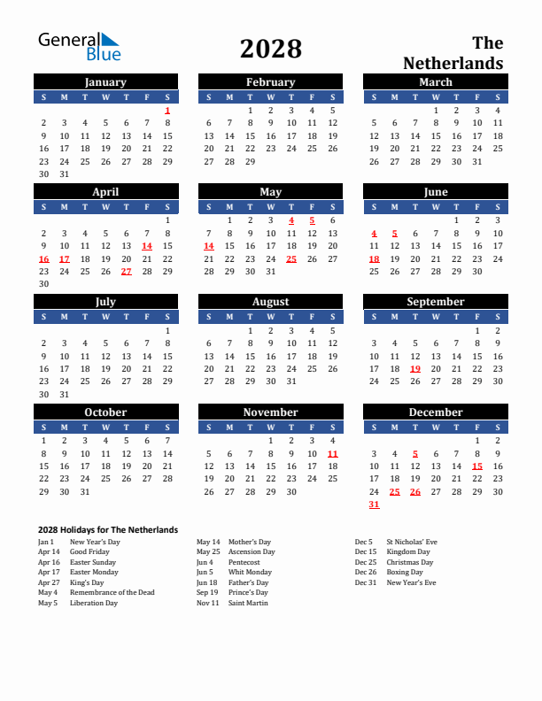 2028 The Netherlands Holiday Calendar