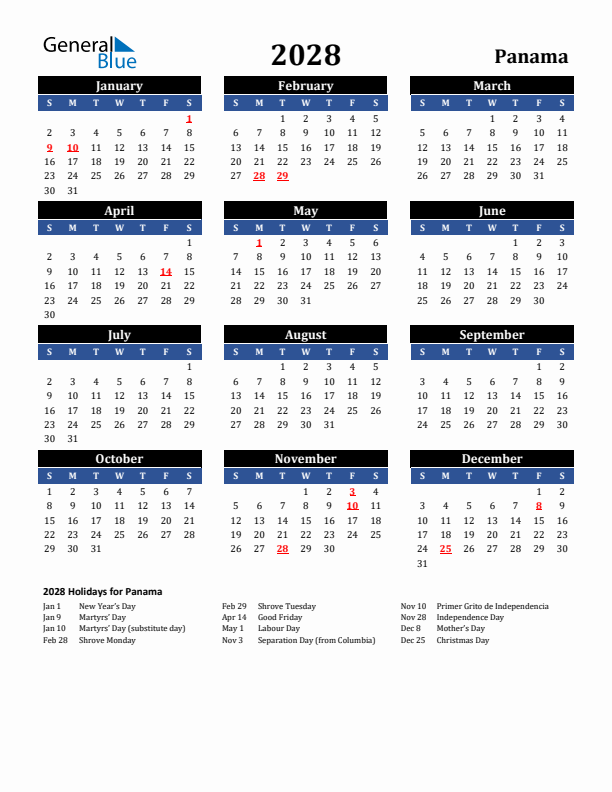 2028 Panama Holiday Calendar