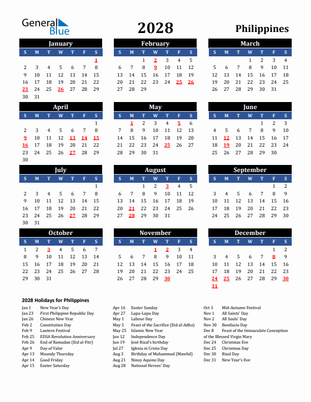 2028 Philippines Holiday Calendar