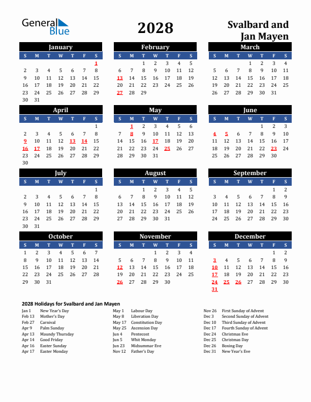 2028 Svalbard and Jan Mayen Holiday Calendar