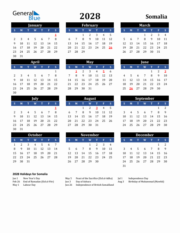 2028 Somalia Holiday Calendar