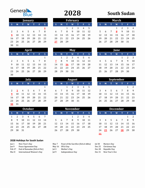 2028 South Sudan Holiday Calendar