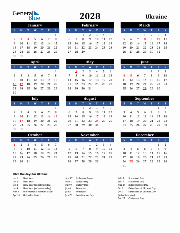 2028 Ukraine Holiday Calendar