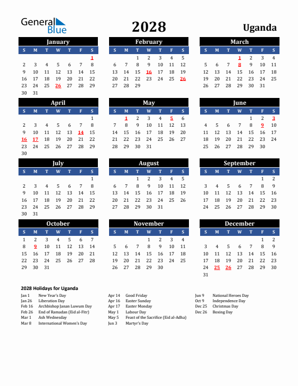 2028 Uganda Holiday Calendar