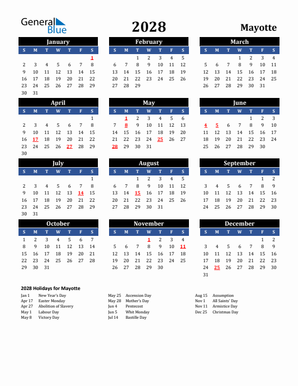 2028 Mayotte Holiday Calendar