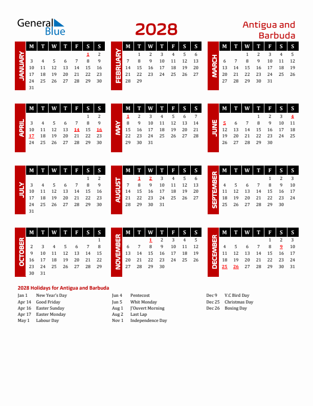 Download Antigua and Barbuda 2028 Calendar - Monday Start