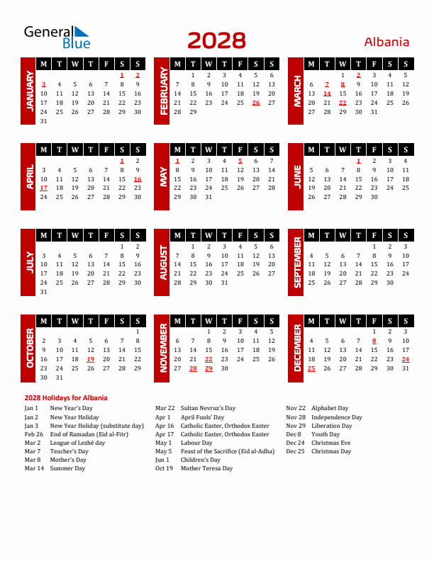 Download Albania 2028 Calendar - Monday Start