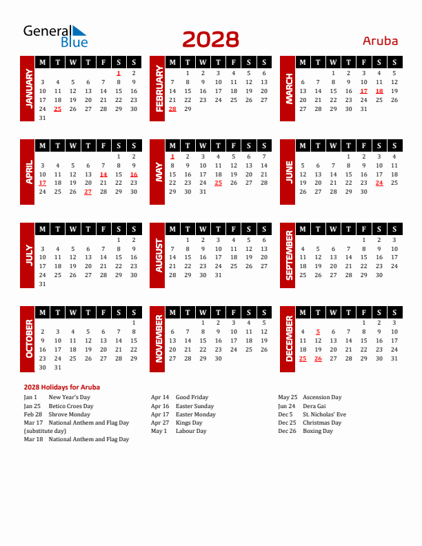 Download Aruba 2028 Calendar - Monday Start