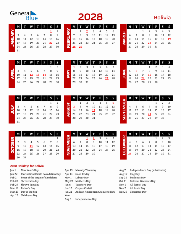 Download Bolivia 2028 Calendar - Monday Start