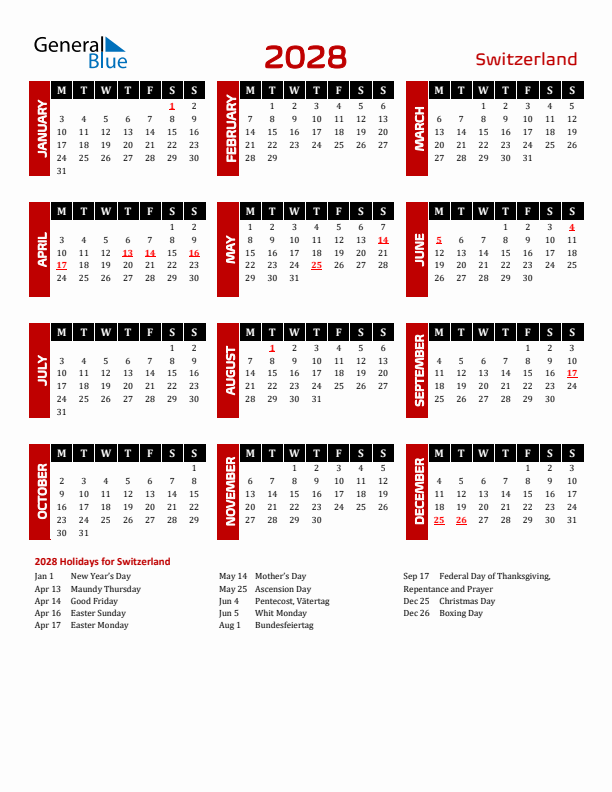 Download Switzerland 2028 Calendar - Monday Start