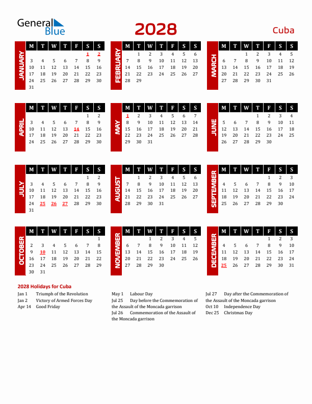 Download Cuba 2028 Calendar - Monday Start