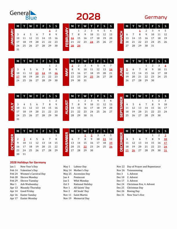 Download Germany 2028 Calendar - Monday Start