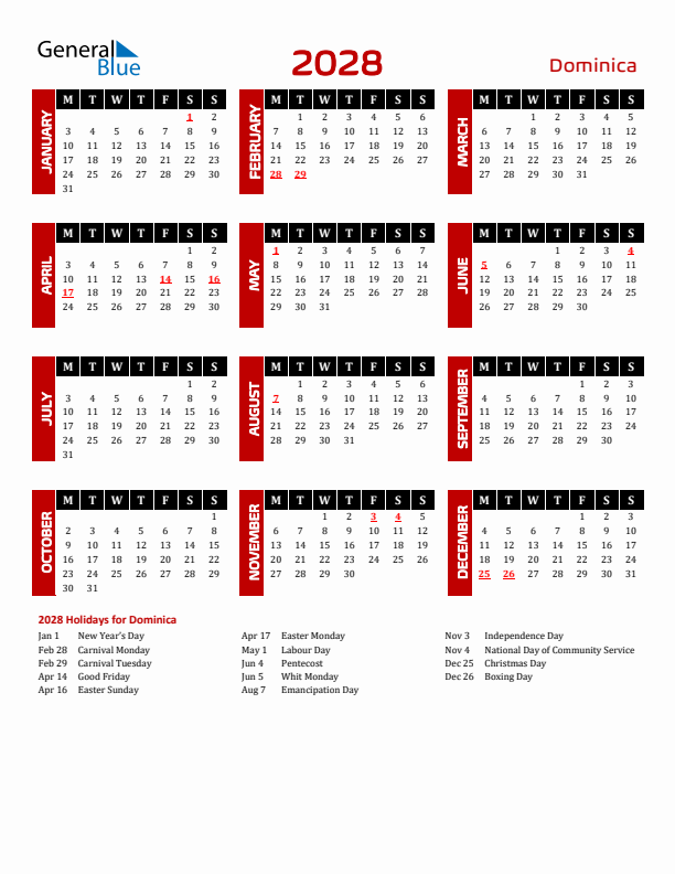 Download Dominica 2028 Calendar - Monday Start