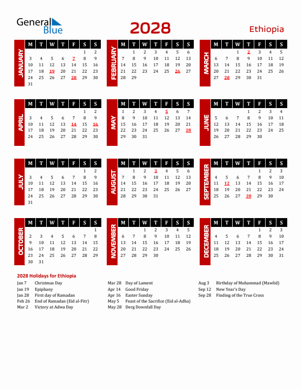 Download Ethiopia 2028 Calendar - Monday Start