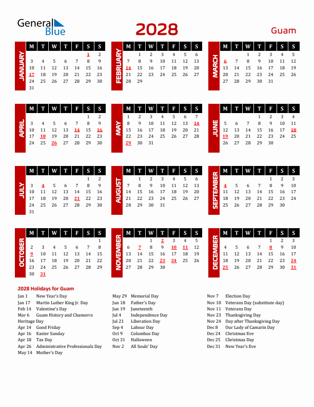 Download Guam 2028 Calendar - Monday Start