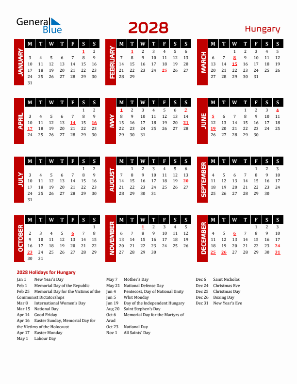 Download Hungary 2028 Calendar - Monday Start