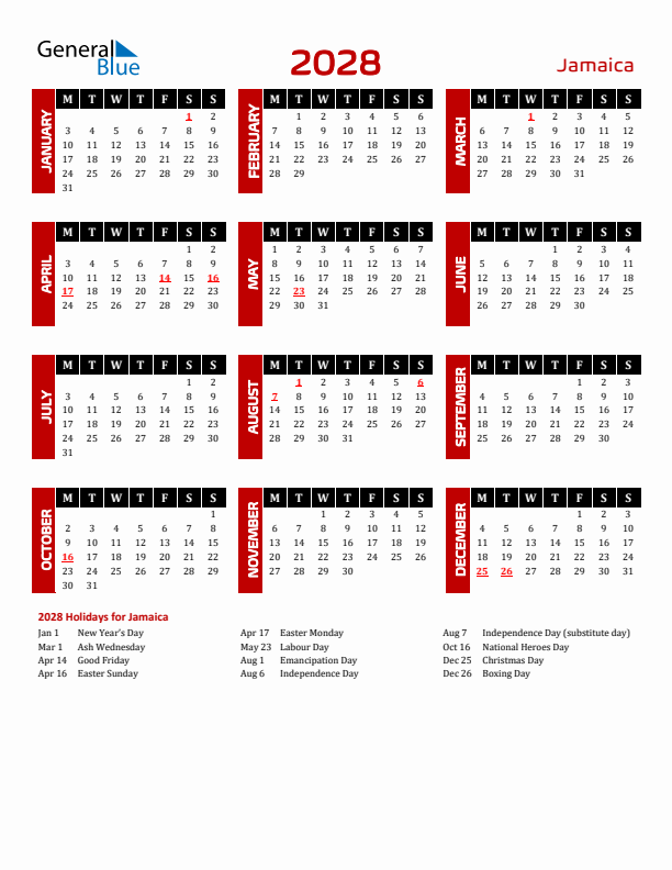 Download Jamaica 2028 Calendar - Monday Start