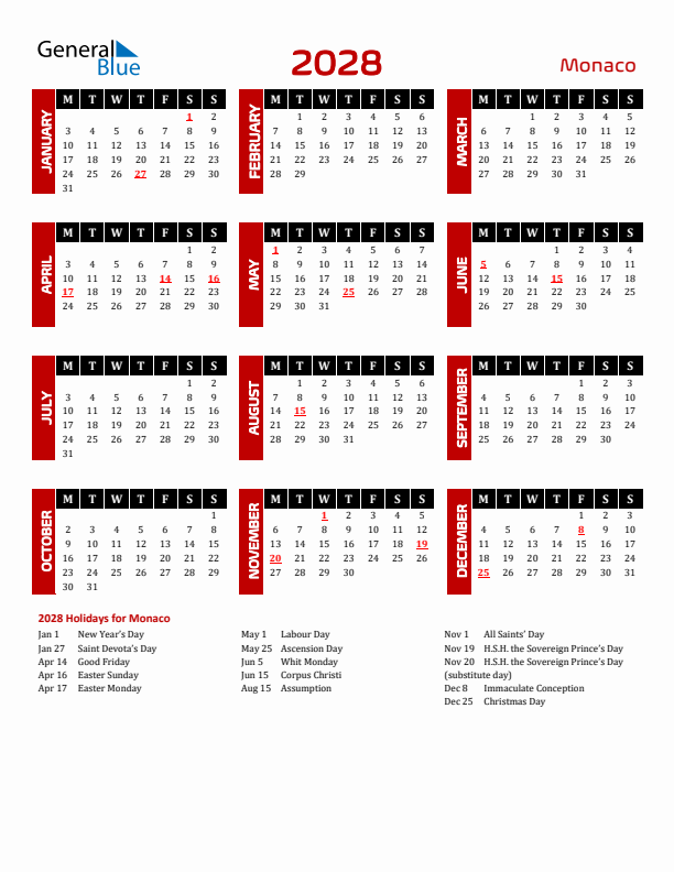 Download Monaco 2028 Calendar - Monday Start