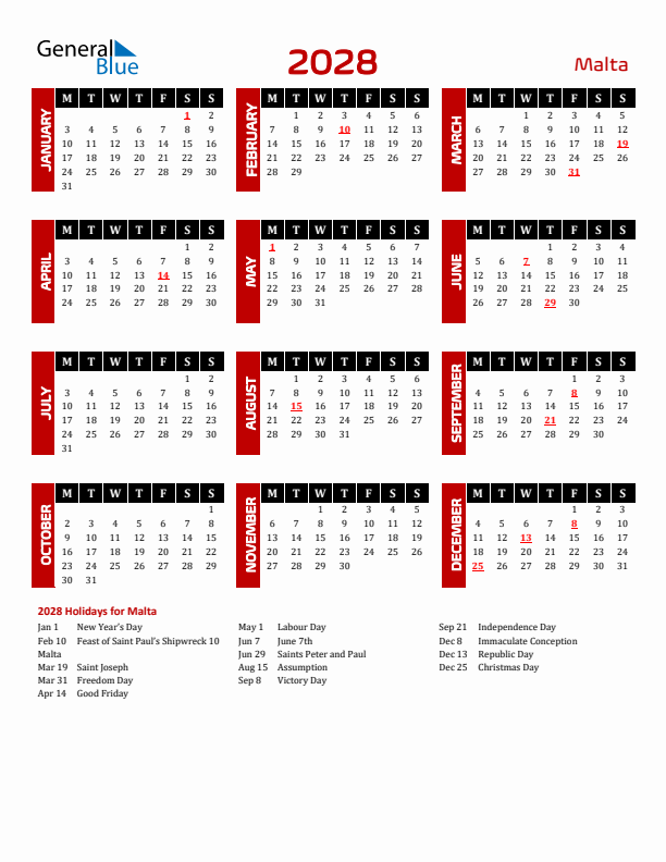 Download Malta 2028 Calendar - Monday Start