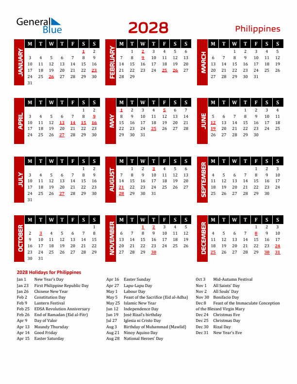 Download Philippines 2028 Calendar - Monday Start