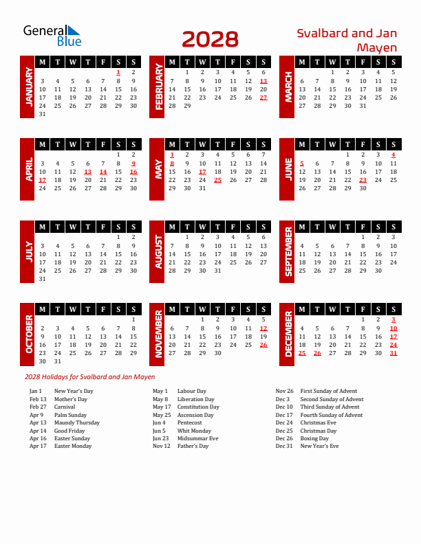 Download Svalbard and Jan Mayen 2028 Calendar - Monday Start