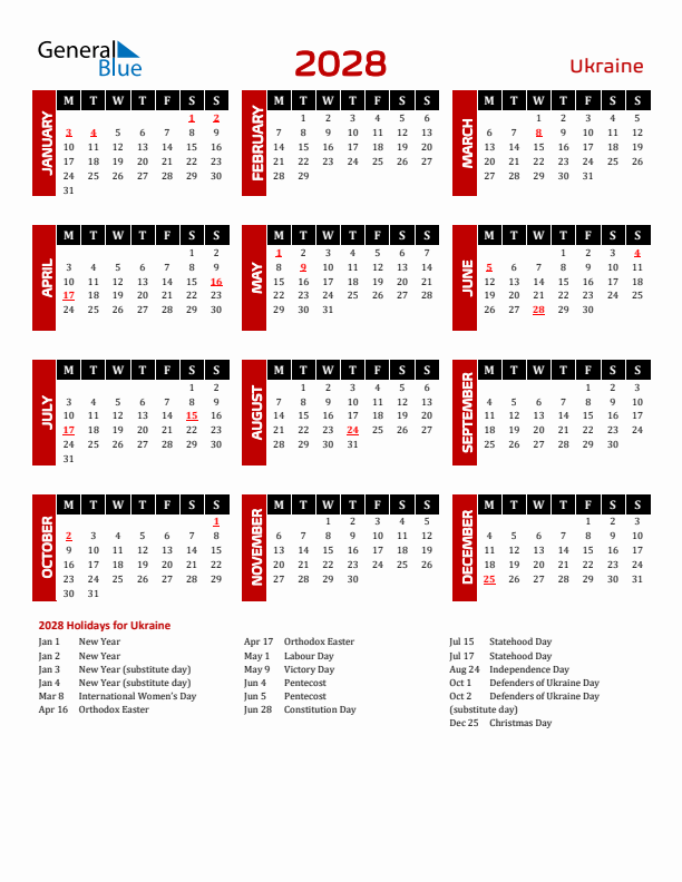 Download Ukraine 2028 Calendar - Monday Start