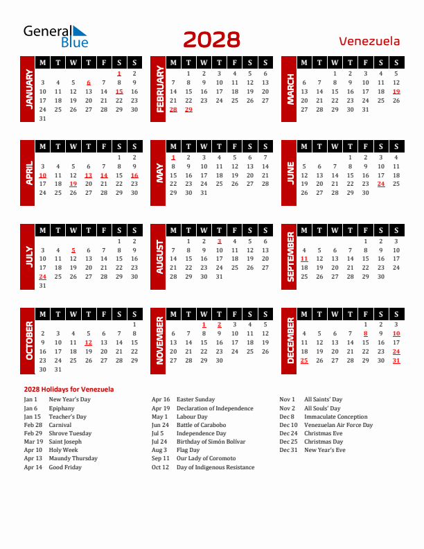 Download Venezuela 2028 Calendar - Monday Start