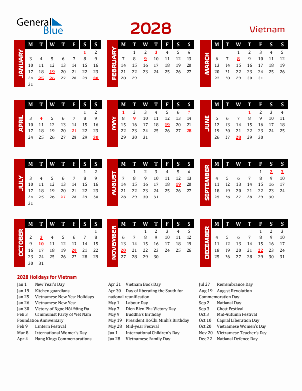 Download Vietnam 2028 Calendar - Monday Start