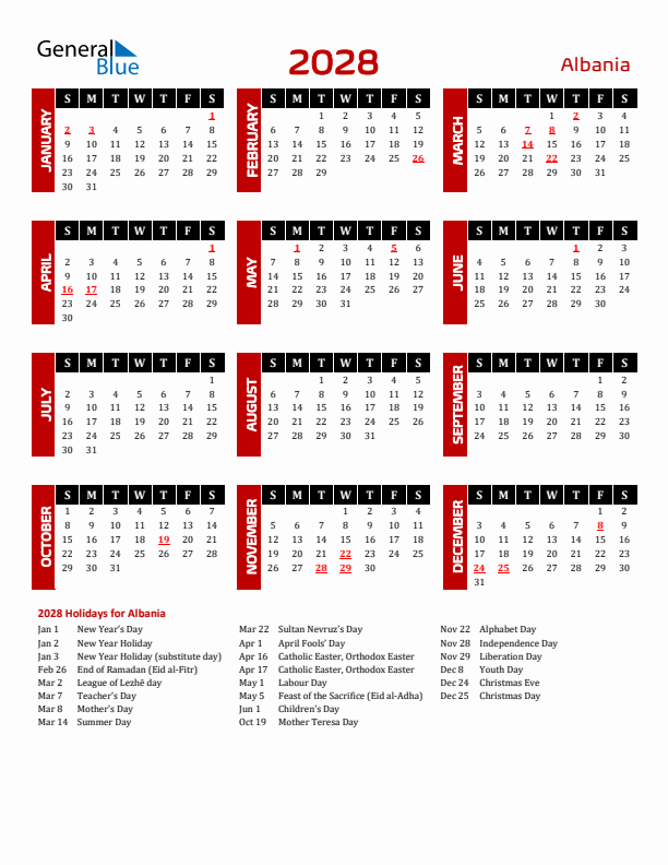 Download Albania 2028 Calendar - Sunday Start