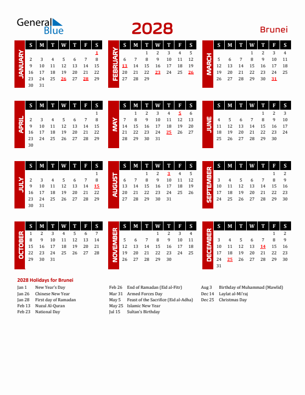 Download Brunei 2028 Calendar - Sunday Start