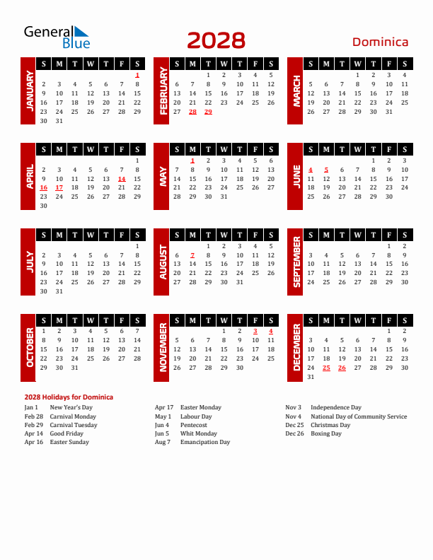 Download Dominica 2028 Calendar - Sunday Start