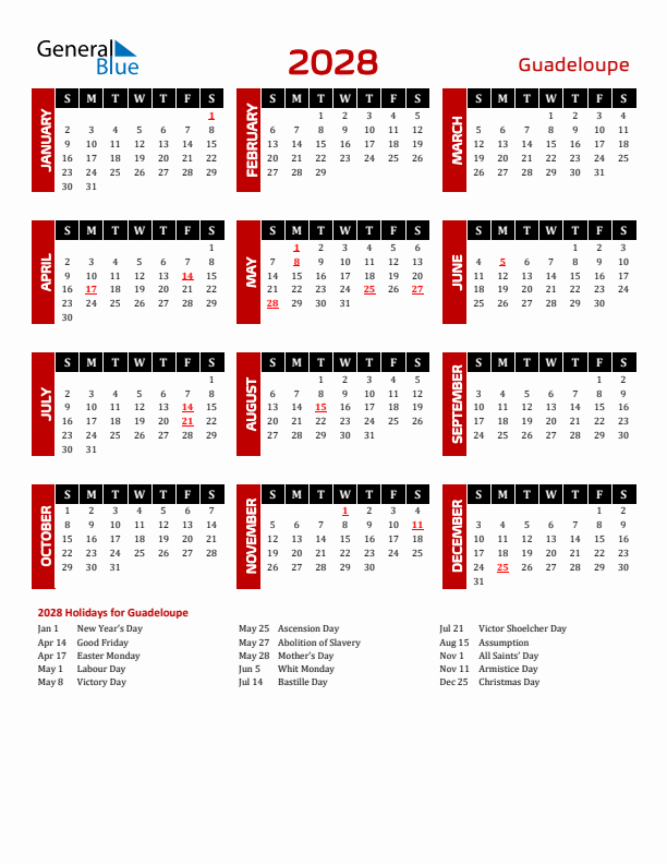 Download Guadeloupe 2028 Calendar - Sunday Start