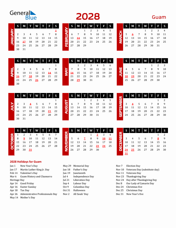 Download Guam 2028 Calendar - Sunday Start