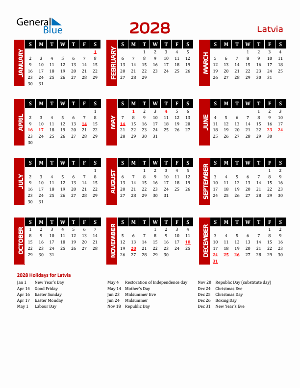 Download Latvia 2028 Calendar - Sunday Start