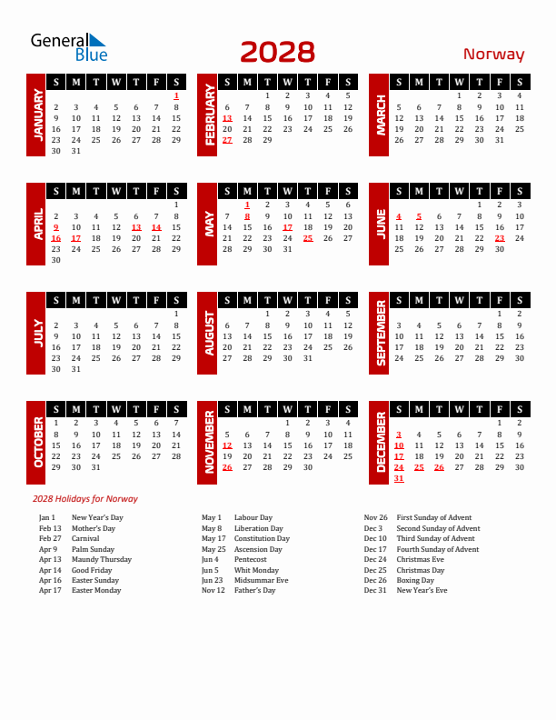 Download Norway 2028 Calendar - Sunday Start