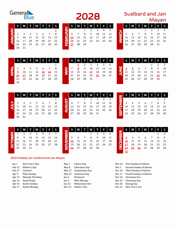 Download Svalbard and Jan Mayen 2028 Calendar - Sunday Start