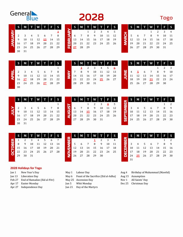 Download Togo 2028 Calendar - Sunday Start