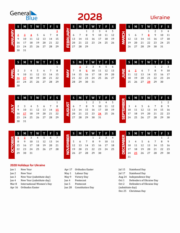 Download Ukraine 2028 Calendar - Sunday Start