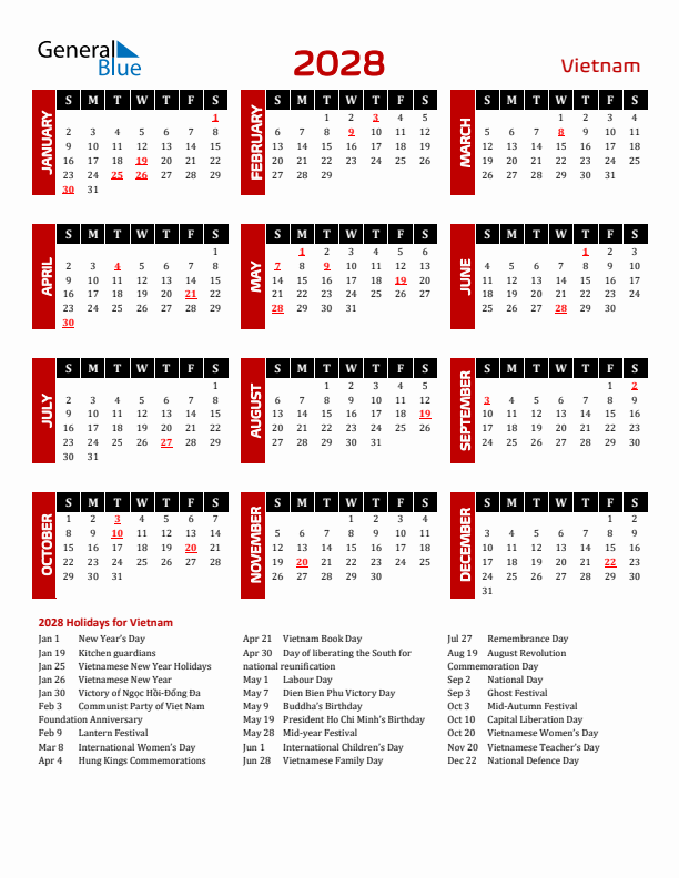 Download Vietnam 2028 Calendar - Sunday Start