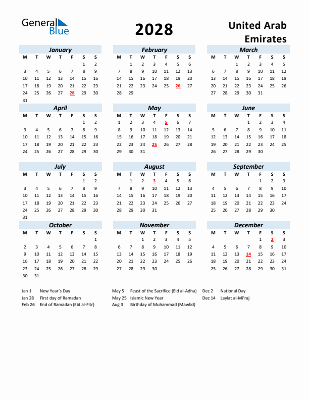 2028 Calendar for United Arab Emirates with Holidays