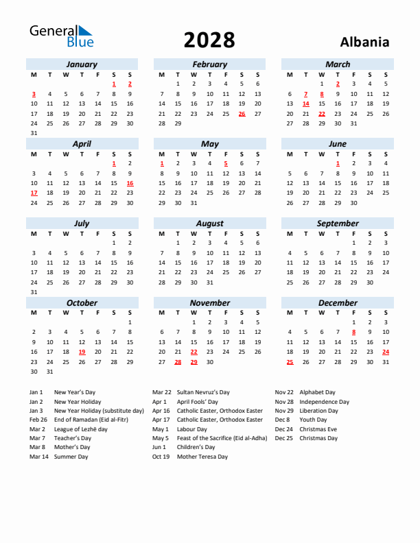 2028 Calendar for Albania with Holidays