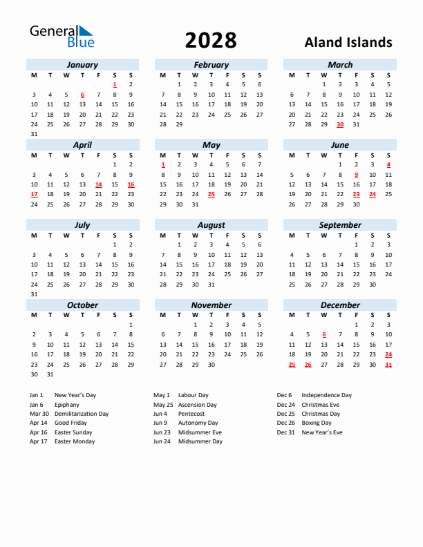 2028 Calendar for Aland Islands with Holidays