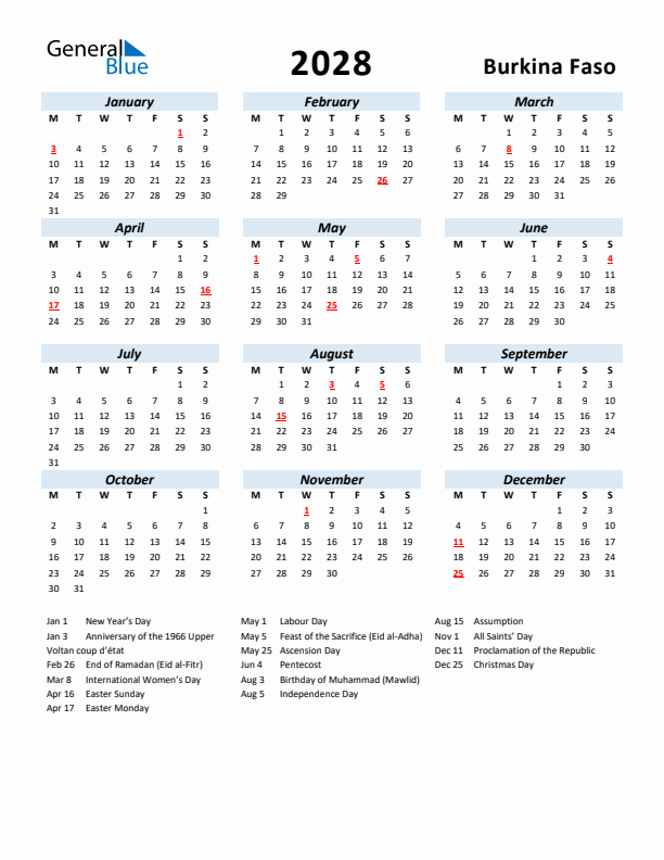 2028 Calendar for Burkina Faso with Holidays