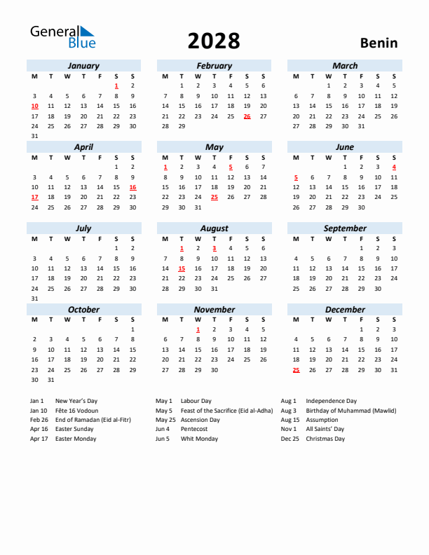 2028 Calendar for Benin with Holidays